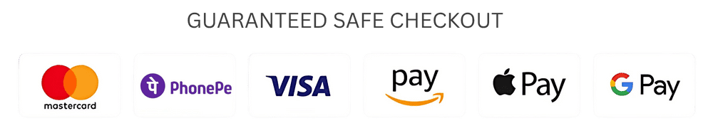 Guaranteed safe checkout — Mastercard, PhonePe, Visa, Amazon Pay, Apple Pay and Google Pay